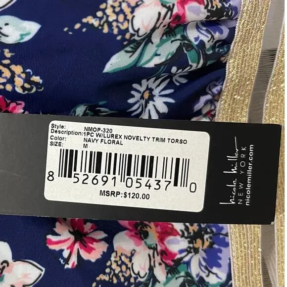 NICOLE MILLER Navy Blue Floral Bathing Suit Swimsuit Mesh One Piece Size Medium - Picture 8 of 8